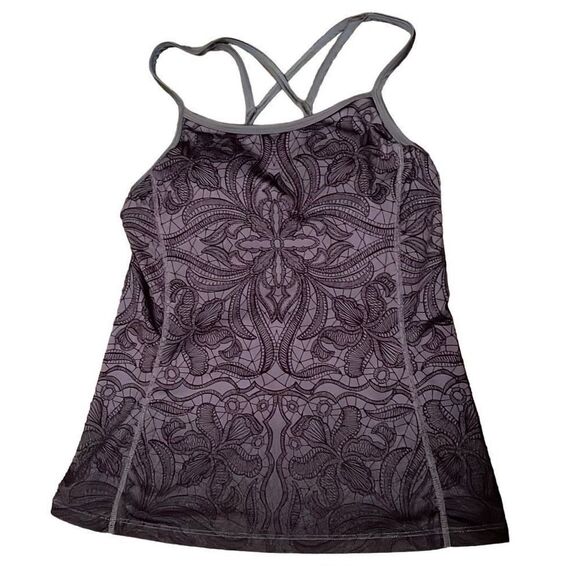 EUC Athleta Harmonious Gray Black Lace Pattern Strappy Yoga Top Tank XXS - Picture 2 of 7